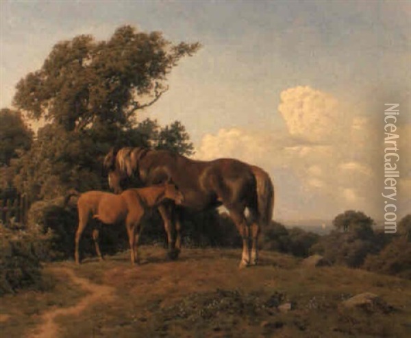 A Mare And Foal In A Landscape Oil Painting - Carl Frederik Bartsch