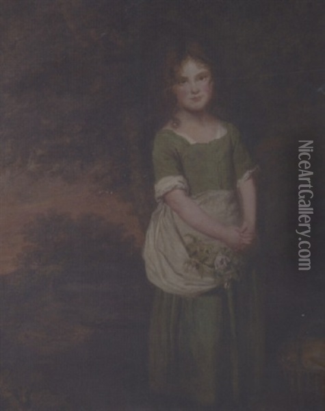 Portrait Of A Young Girl Standing In A Landscape Wearing A Green Dress Oil Painting - Thomas Beach