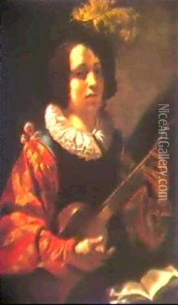 A Young Man Playing The Guitar Oil Painting - Nicolas Regnier