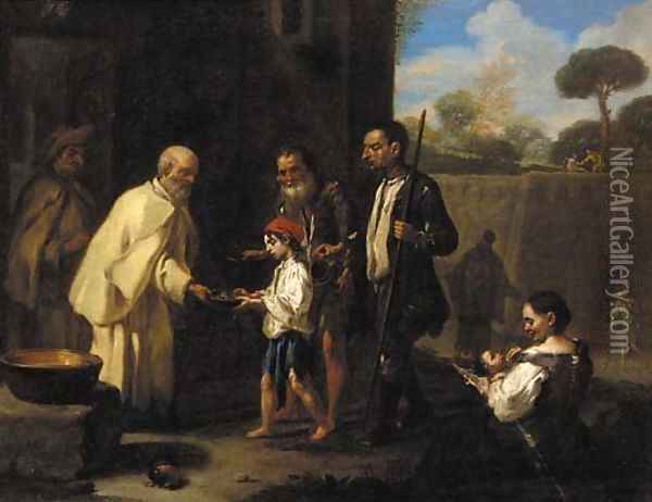 Peasants receiving alms from a monk Oil Painting - Jan Miel