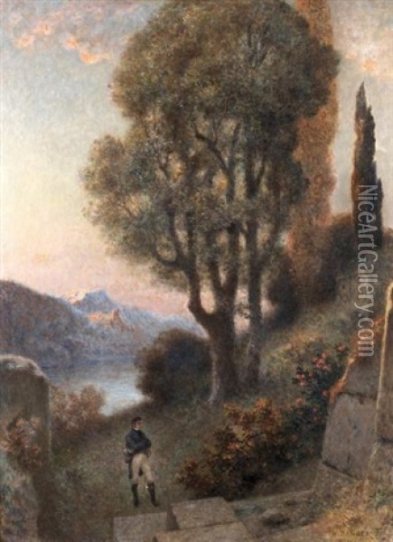 Homme Contemplant Des Ruines Dans Un Paysage De Montagne Oil Painting - Henri Camille Danger