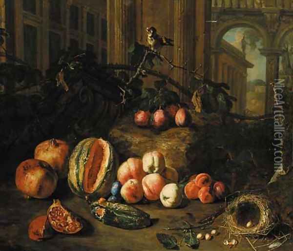 Plums on the branch, peaches, apricots, a melon, pomegranates, a nest with eggs and a goldfinch by classical buildings, a landscape beyond Oil Painting - Pieter Snyers