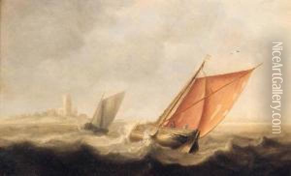 Shipping In A Stiff Breeze Off The Coast Oil Painting - Jan Porcellis