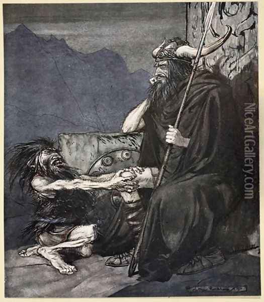 Swear to me, Hagen, my son, illustration from Siegfried and the Twilight of the Gods, 1924 Oil Painting - Arthur Rackham