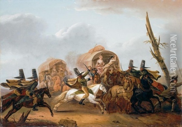 A Caravan Being Attacked By Cavalry Oil Painting - Nicolas-Louis-Albert Delerive