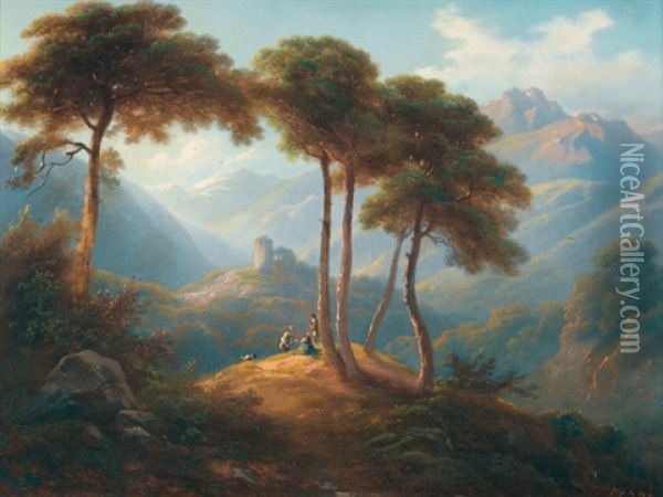 Hugelige Landschaft Im Abendrot Mit Staffage Oil Painting - Charles Louis Guigon