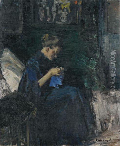 Woman Knitting Oil Painting - Janos Vaszary