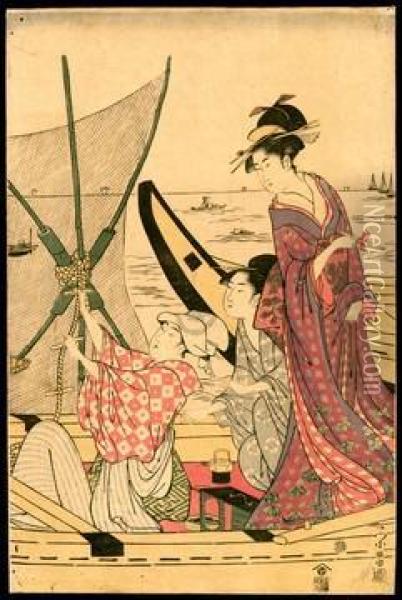 Three Beauties In A Boat Oil Painting - Chokosai Eisho