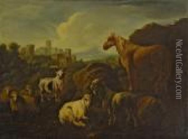 Ruhender Hirte Mit Ziegen, Schafen Und Pferd Oil Painting - Philipp Peter Roos