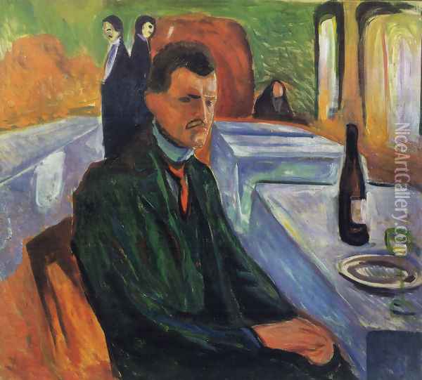 Self-portrait in a bottle of wine 1906 Oil Painting - Edvard Munch