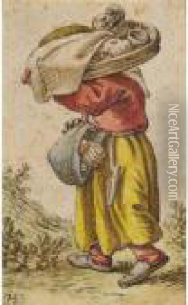 Peasant Woman Walking To The Left, Carrying Goods In A Basket And Sling Oil Painting - Herman Saftleven