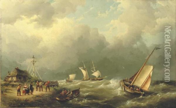 Sailing Vessels On A Choppy Sea Oil Painting - Hermanus Koekkoek