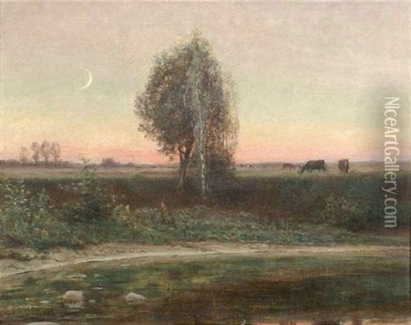 Blick Uber Einen Schmalen Flus In Eine Weite Landschaft Im Abendrot Oil Painting - Charles Monnier