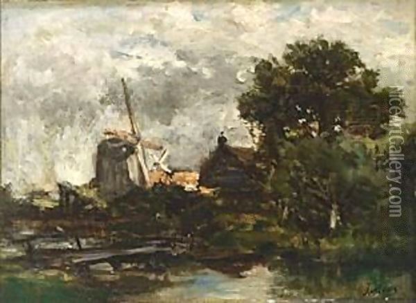 Windmills In A Polder Landscape Oil Painting - Jacob Henricus Maris