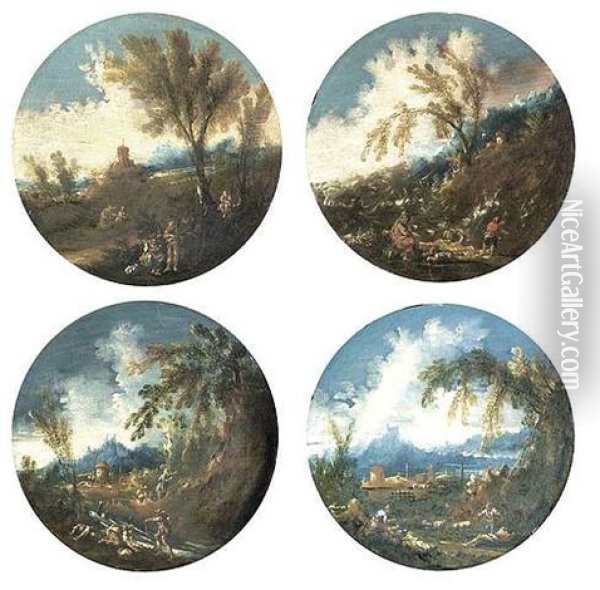 Landschaft Mit Landleuten Und Hirten (+ 3 Others; 4 Works) Oil Painting - Antonio Francesco Peruzzini
