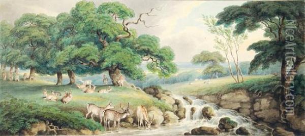 [deer Grazing By A Rocky Stream Inparkland] Oil Painting - Samuel Howitt