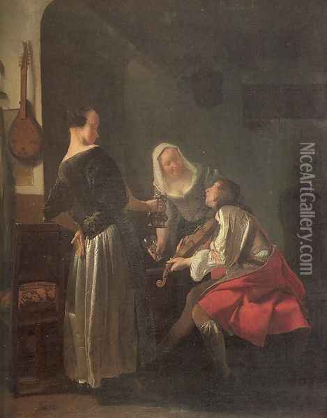 Violinist and Two Serving Women 1663-65 Oil Painting - Jacob Ochtervelt