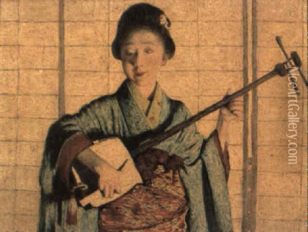 A Primrose Dame: Japanese Girl Playing A Samisen Oil Painting - Mortimer Luddington Menpes