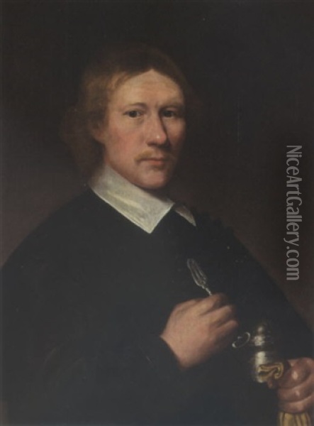 A Portrait Of A Dentist, Aged 35, Wearing A Black Coat With White Collar, Holding A Silver Tongue-spatula In His Right Hand And A Silver Box Under His Left Arm Oil Painting - Jacob Gerritsz Cuyp