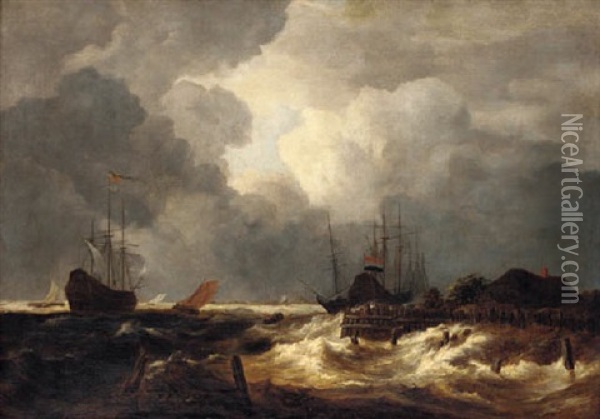 A Stormy River Estuary With Ships Oil Painting - Jacob van Ruysdael