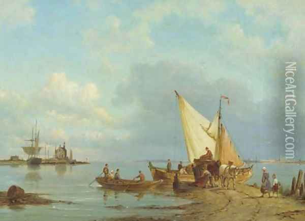 Unloading the cargo on the bank of an estuary Oil Painting - Pieter Christiaan Cornelis Dommersen