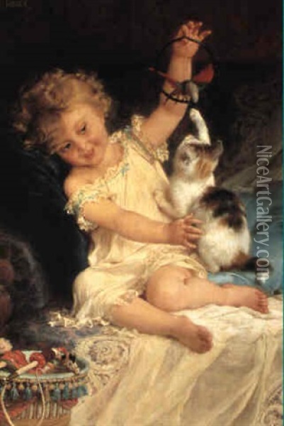 Young Girl Playing With Her Pets Oil Painting - Emile Munier