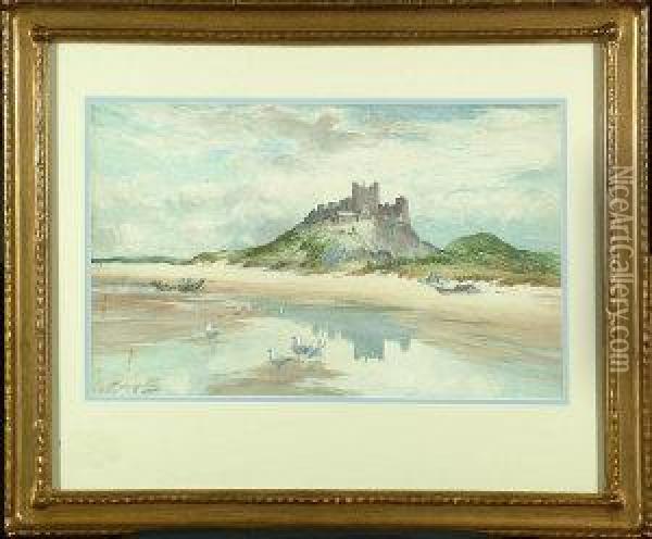 Bamburgh Beach With Gulls On The Shore - Figures, A Boat And The Castle Beyond Oil Painting - Thomas Swift Hutton