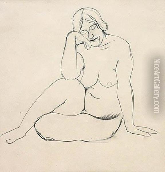 Seated Female Nude Oil Painting - Otto Gutfreund