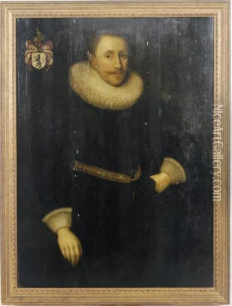 Portrait Of A Gentleman, 
Three-quarter Length, Wearing Blackcostume With A Lace Ruff Collar Oil Painting - Cornelius Jonson