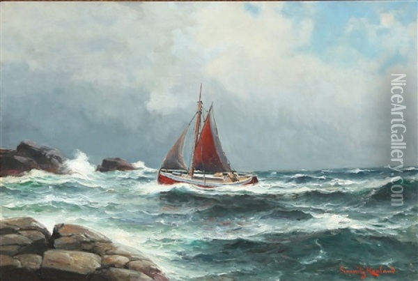 Coastal Landscape With Fishing Boat And Rocks Oil Painting - Lauritz Haaland