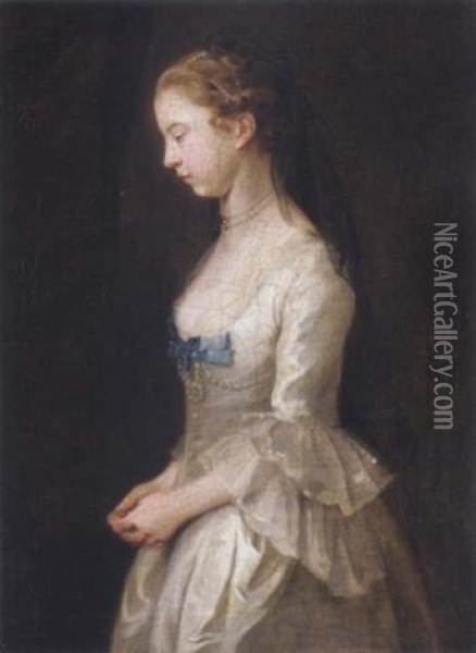Portrait Of A Young Girl Wearing A Cream Dress With Blue Ribbons Oil Painting - Joseph Highmore
