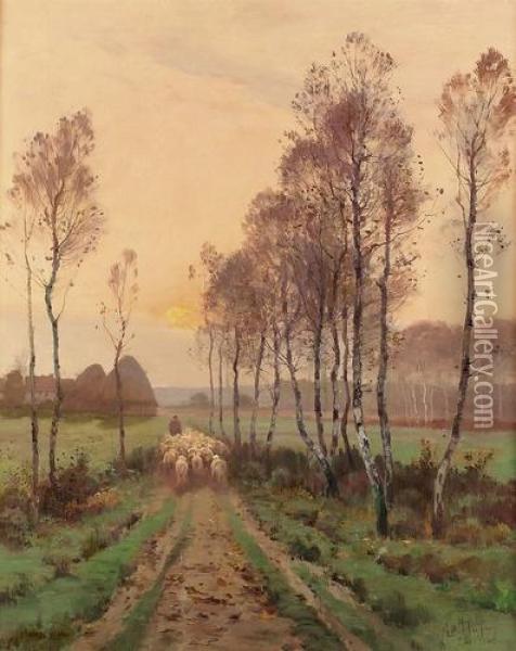 Abendliche Landschaft Mit Schafer Und Seiner Herde. Oil Painting - Eugene Galien-Laloue