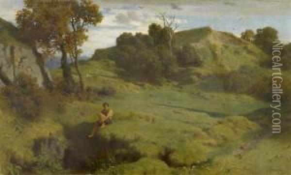 Sheep In An Idyllic Landscape Oil Painting - Alfred P. De Curzon