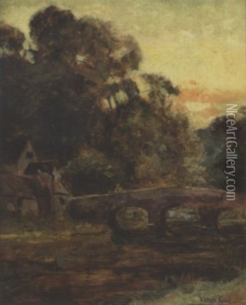 River Landscape With Figure On A Bridge At Dusk Oil Painting - Henry John Yeend King