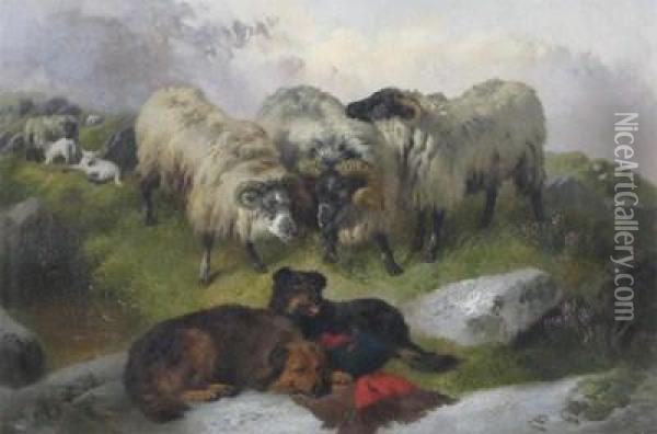 Sheep And Dogs In A Highland Landscape Oil Painting - George W. Horlor