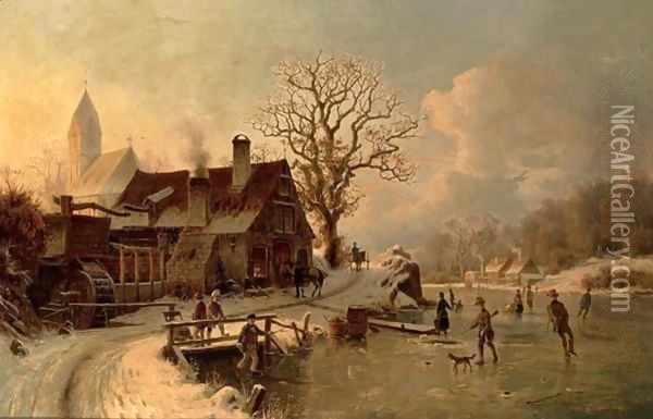 Figures Skating On A Frozen Lake Oil Painting - Johannes Bartolomaus Duntze