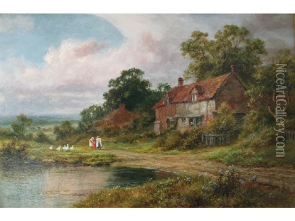 Children By A Cottage On A Lane Oil Painting - Robert Gallon