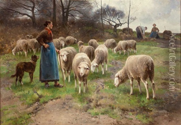 Weidende Schafe Vor Einem Kartoffelfeld. Bauerinnen Bei Der Arbeit. Oil Painting - Cornelis van Leemputten