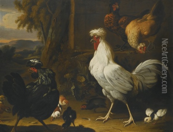 Chickens And Their Young In A Park Landscape Oil Painting - Melchior de Hondecoeter