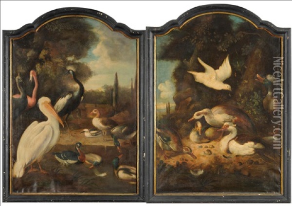 Birds In A Classical Landscape (+ Ducks Beside A Rocky Outcrop; Pair) Oil Painting - Melchior de Hondecoeter