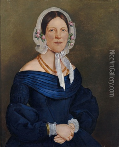 Portrait Einer Jungen Frau Im Blauen Kleid Mit Goldener Kette Und Spitzenhaube Oil Painting - Vaclav Govic