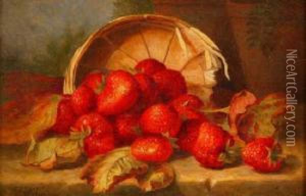 Still Life Study Of Strawberries By A Basket On A Stone Ledge Oil Painting - Eloise Harriet Stannard