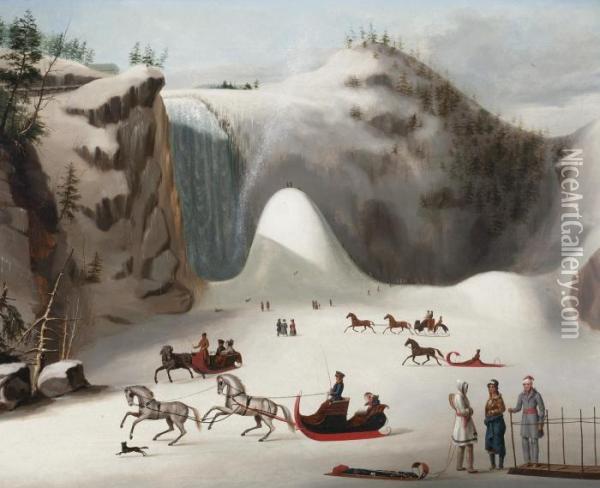 Sledges And Figures Skating On The Frozen Lake In Front Of Montmorency Falls Oil Painting - Robert Clow Todd