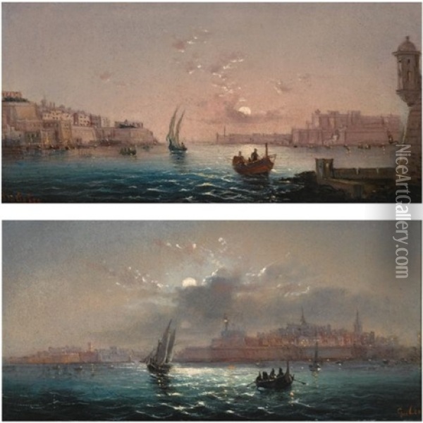 View Of Malta (+ Another;  Pair) Oil Painting - Henriette Gudin