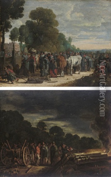 Earth, Elegant Figures At A Vegetable And Cattle Market (+ Fire, Soldiers Assembled Around A Carriage With Canons Firing; Pair) Oil Painting - Govert (Mynheer) Jansz