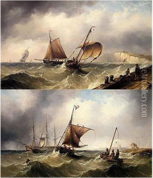 Fishing Vessels Heading Out To Sea; Fishing Vessels And A Merchant Ship In Choppy Seas Oil Painting - Henry Redmore