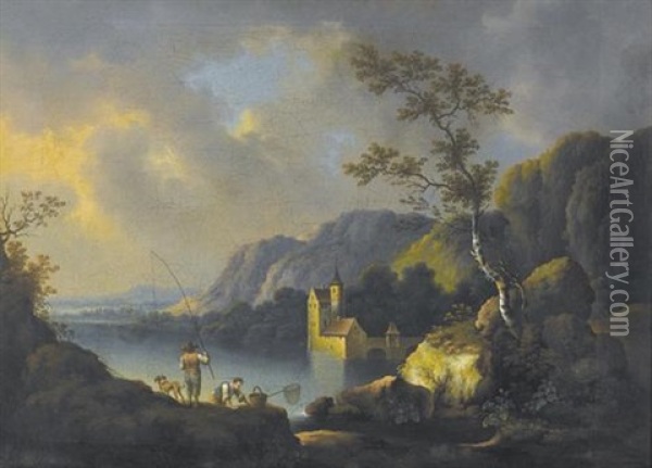 Seelandschaft Mit Fischern Und Einer Wasserburg Oil Painting - Daniel Dueringer