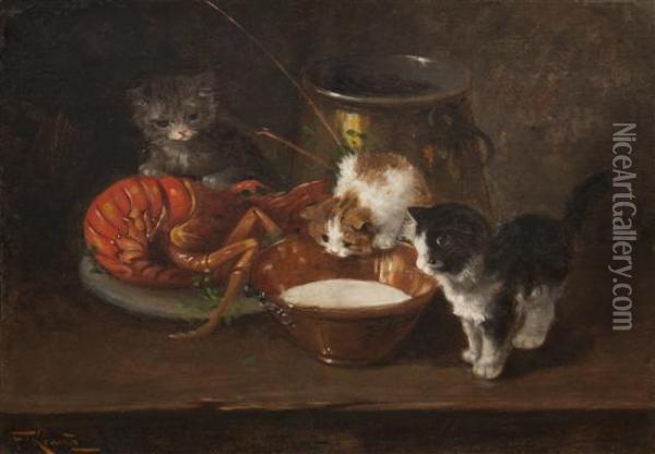 Kittens With Lobster Oil Painting - F. Krantz
