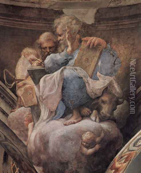 Frescoes in the church of San Giovanni Evangelista in Parma, Gewölbezwickel, Scene, St. Ambrose and St. Lucas Oil Painting - Antonio Allegri da Correggio