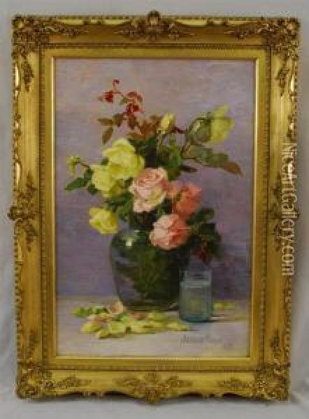 Still Life With Yellow And Pink Roses Oil Painting - Adelaide Palmer